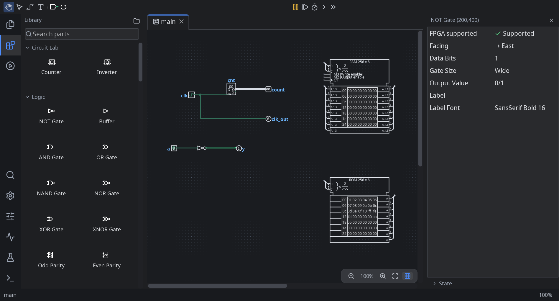Dark-theme editor showing the circuit canvas, parts picker, and inspector