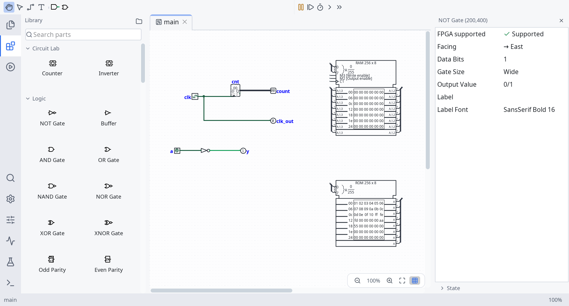 Light-theme editor showing a selected gate and its settings beside the parts picker